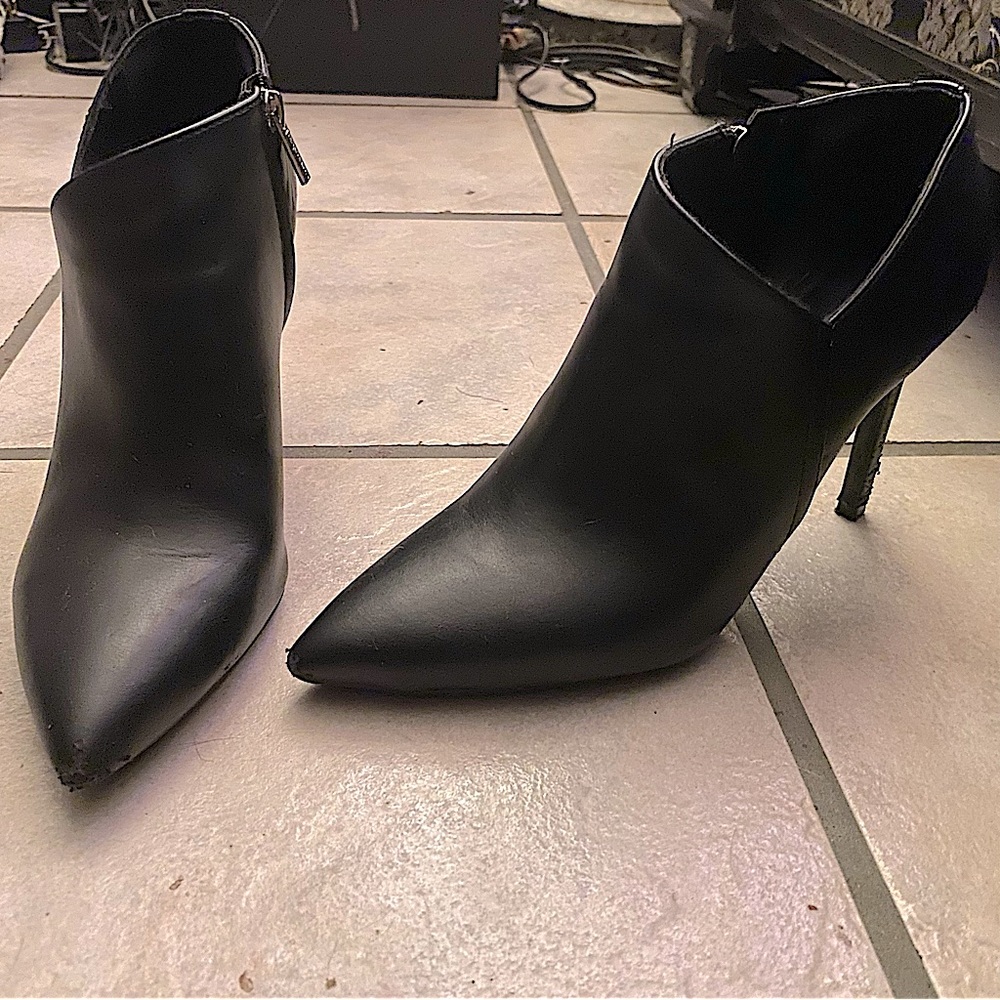 Calvin Klein stiletto high heel ankle zip black leather boots zip up